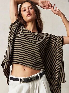 We The Free Striped Black and Olive Relaxed Crop Top NWT